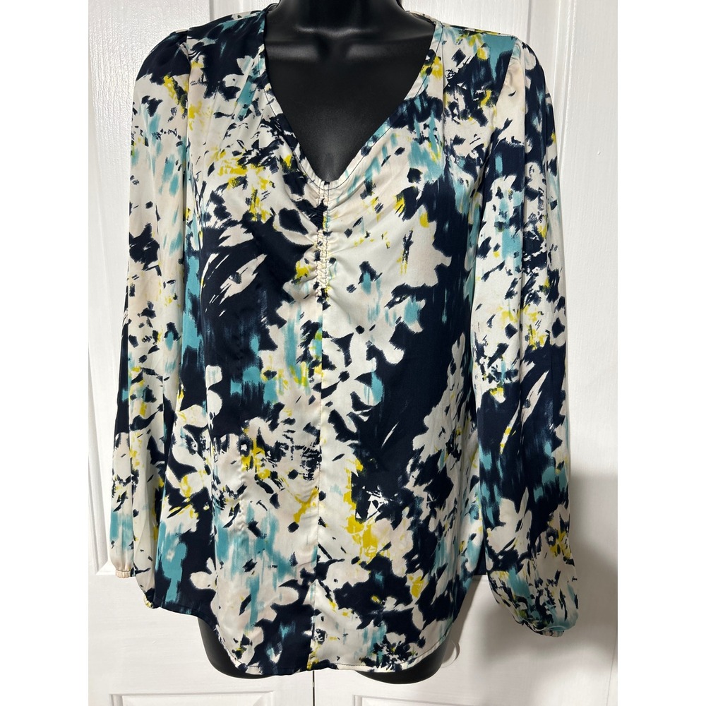 Banana Republic Womens Small Navy Teal Abstract Floral Ruched V-Neck Blouse Top
